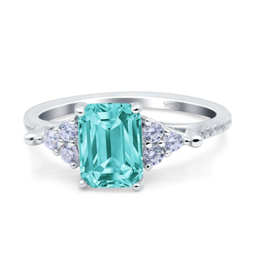 Art Deco Emerald Cut Wedding Bridal Ring Simulated Paraiba Tourmaline CZ 925 Sterling Silver